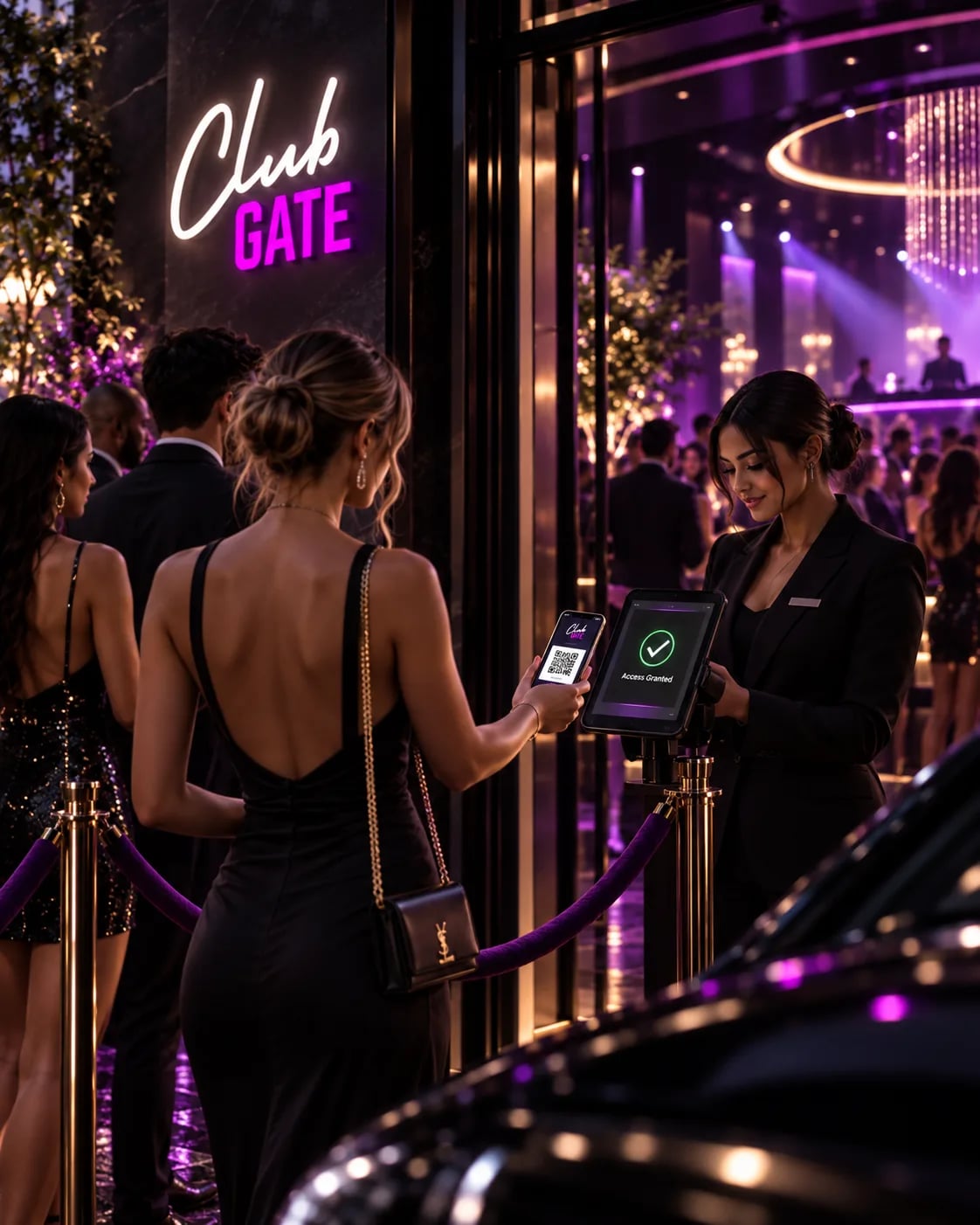 A guest presents a QR pass for Club Gate entry